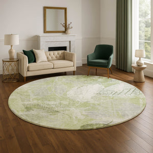 HomeRoots 8' Artichoke Green and Ivory Floral Round Rug - Washable, UV-Protected, Durable & Stylish Decor Piece 705722