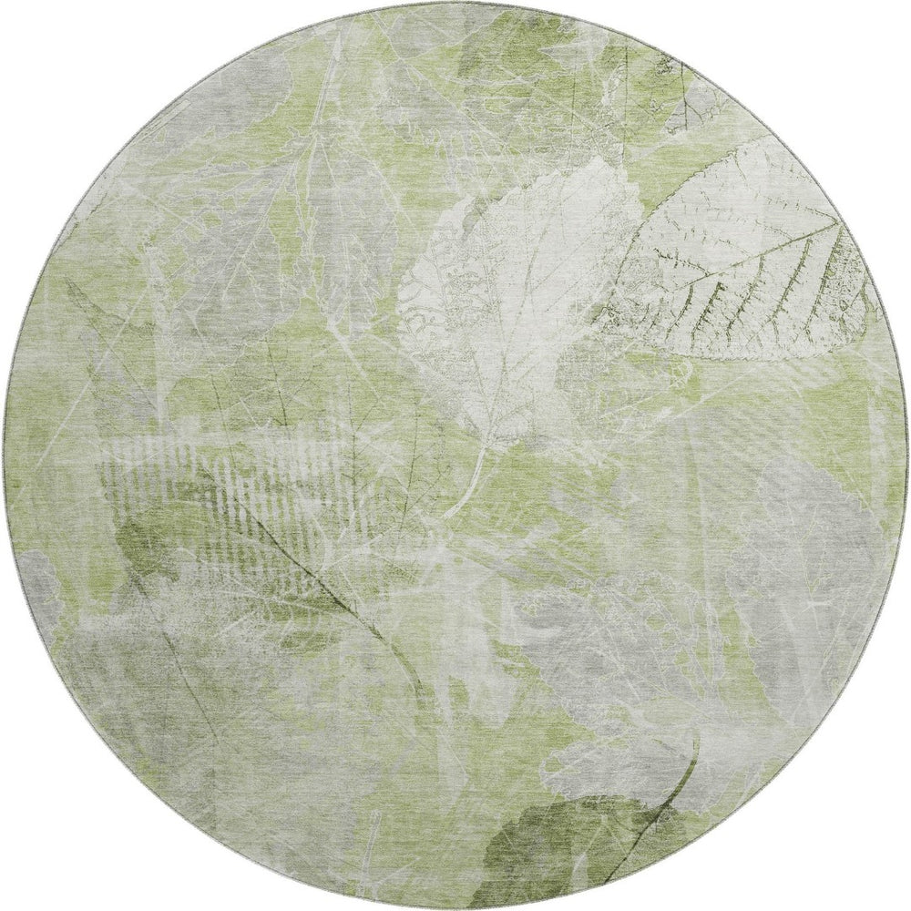 HomeRoots 8' Artichoke Green and Ivory Floral Round Rug - Washable, UV-Protected, Durable & Stylish Decor Piece 705722