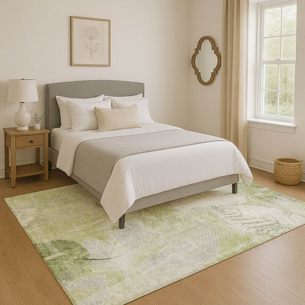 HomeRoots 8' X 10' Artichoke Green and Ivory Floral Area Rug - Washable, UV-Protected, Pet-Friendly Design! 705723