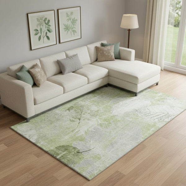 HomeRoots 9' X 12' Artichoke Green Floral Washable Area Rug with UV Protection - Durable & Stylish Décor Solution 705724