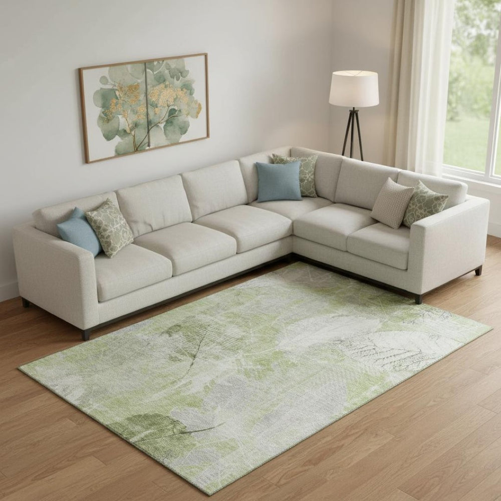 HomeRoots 10' Artichoke Green & Ivory Floral Washable Area Rug – UV Protection, Stain-Resistant, Non-Slip Backing 705725