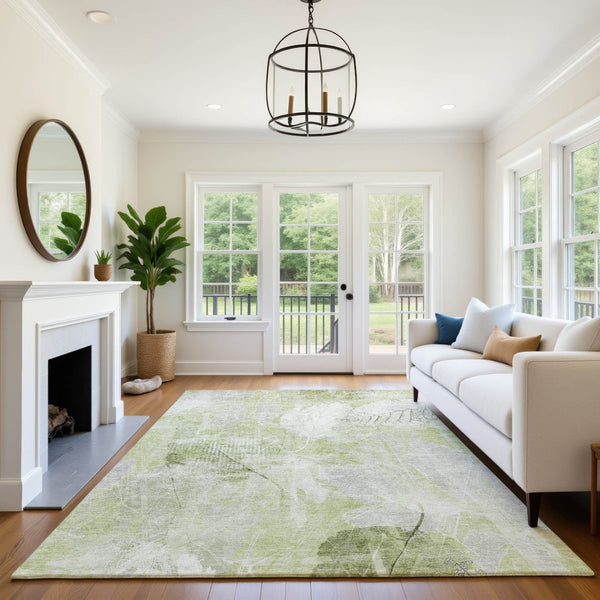 HomeRoots 10' Artichoke Green & Ivory Floral Washable Area Rug – UV Protection, Stain-Resistant, Non-Slip Backing 705725