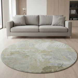 HomeRoots 8' Beige and Tan Floral Washable Round Rug - UV Protected, Stain Resistant, Ideal for High-Traffic Areas 705728