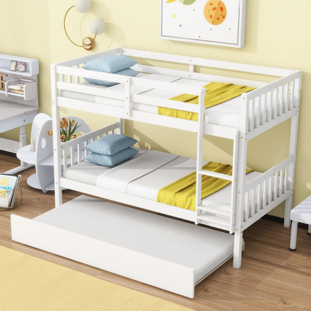 English Elm Twin Over Twin Bunk Bed With Trundle - Space-Saving, Convertible Design With Safety Guardrails, White Finish W504S00157-GIGA