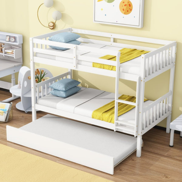 English Elm Twin Over Twin Bunk Bed With Trundle - Space-Saving, Convertible Design With Safety Guardrails, White Finish W504S00157-GIGA