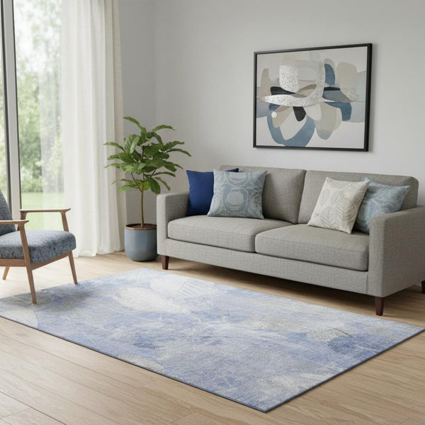HomeRoots 5' X 8' Denim Blue & Ivory Floral Area Rug - Durable, Washable, UV-Protected for High-Traffic Areas 705733