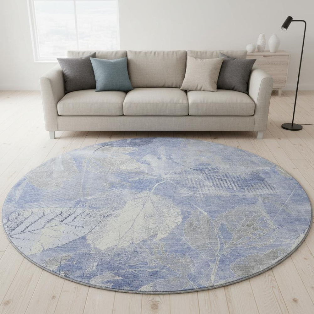 HomeRoots 8' Denim Blue & Ivory Floral Washable Round Rug – UV Protected, Stain-Resistant, Durable & Stylish 705734