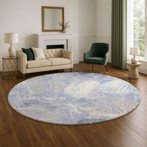 HomeRoots 8' Denim Blue & Ivory Floral Washable Round Rug – UV Protected, Stain-Resistant, Durable & Stylish 705734
