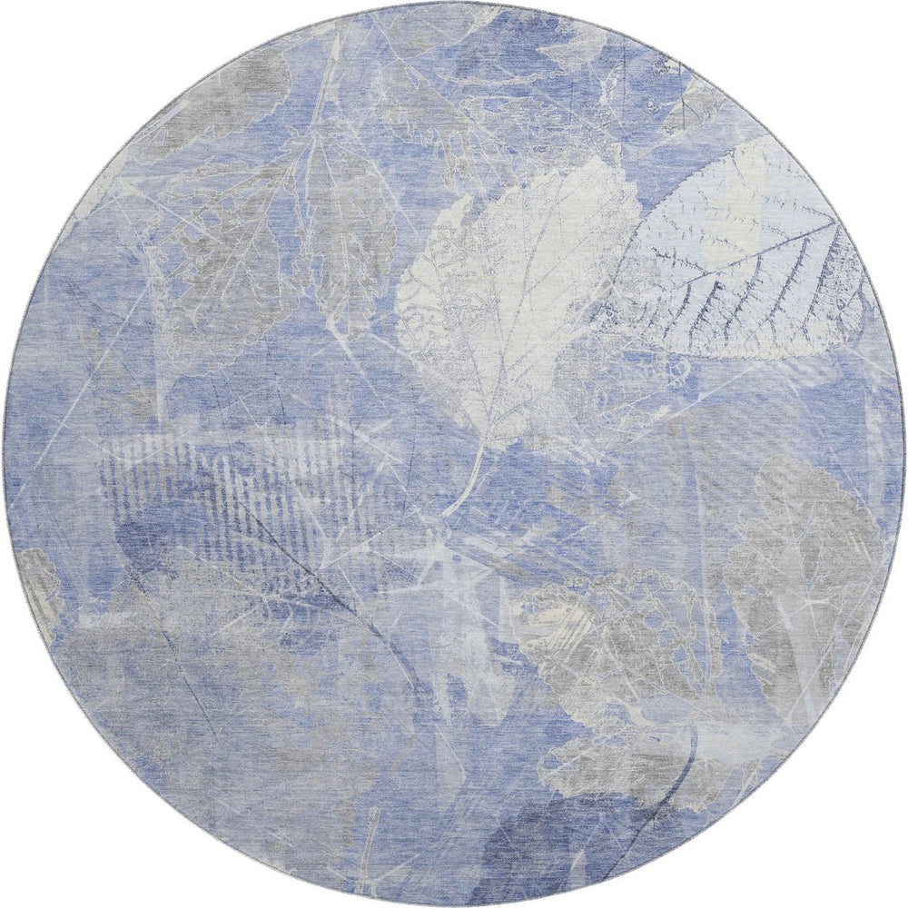 HomeRoots 8' Denim Blue & Ivory Floral Washable Round Rug – UV Protected, Stain-Resistant, Durable & Stylish 705734