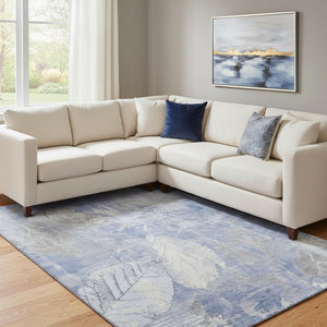 HomeRoots 8' X 10' Denim Blue & Ivory Floral Area Rug - Washable, UV Protected, Durable for High-Traffic Areas 705735