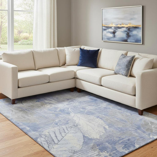 HomeRoots 8' X 10' Denim Blue & Ivory Floral Area Rug - Washable, UV Protected, Durable for High-Traffic Areas 705735