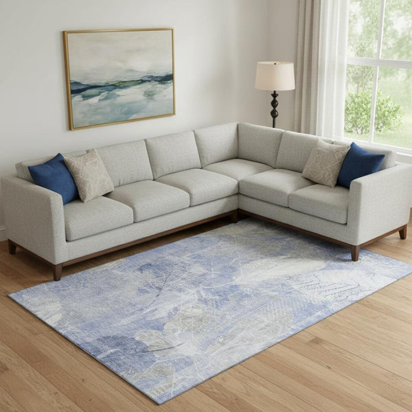 HomeRoots 9' X 12' Denim Blue Floral Area Rug - Washable, UV Protected, Stylish & Durable for Family Homes 705736