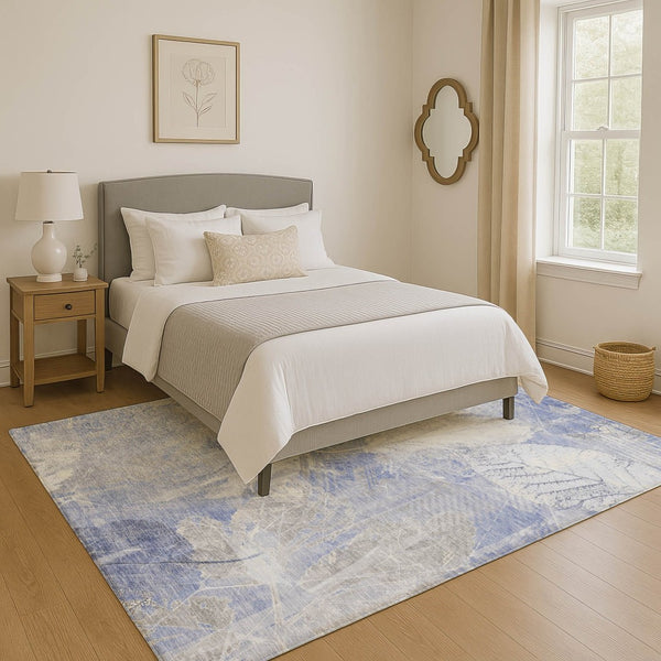HomeRoots 10' X 14' Denim Blue Floral Area Rug - Washable, UV Protected, Stain Resistant, Perfect for Homes! 705737