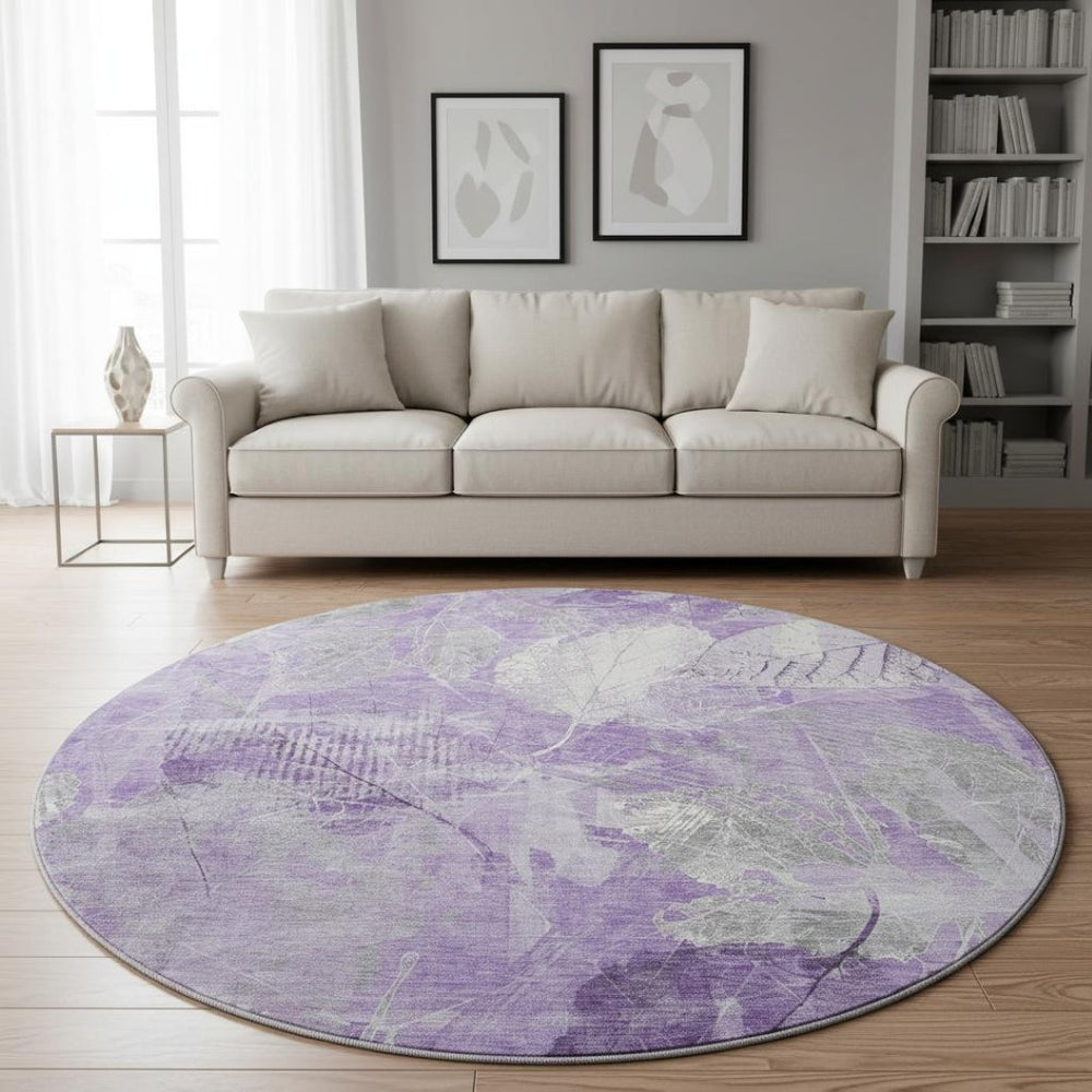 HomeRoots 8' Lavender and Ivory Floral Round Rug - Stylish, Washable, UV Protected, Perfect for High-Traffic Areas 705740