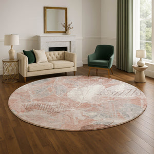 HomeRoots 8' Washable Round Rug in Salmon & Ivory Floral Design - UV Protected, Durable & Soft for Any Space! 705746