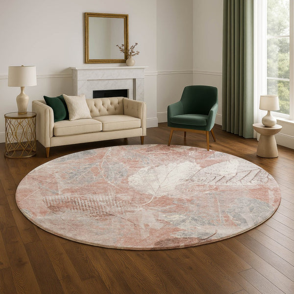 HomeRoots 8' Washable Round Rug in Salmon & Ivory Floral Design - UV Protected, Durable & Soft for Any Space! 705746