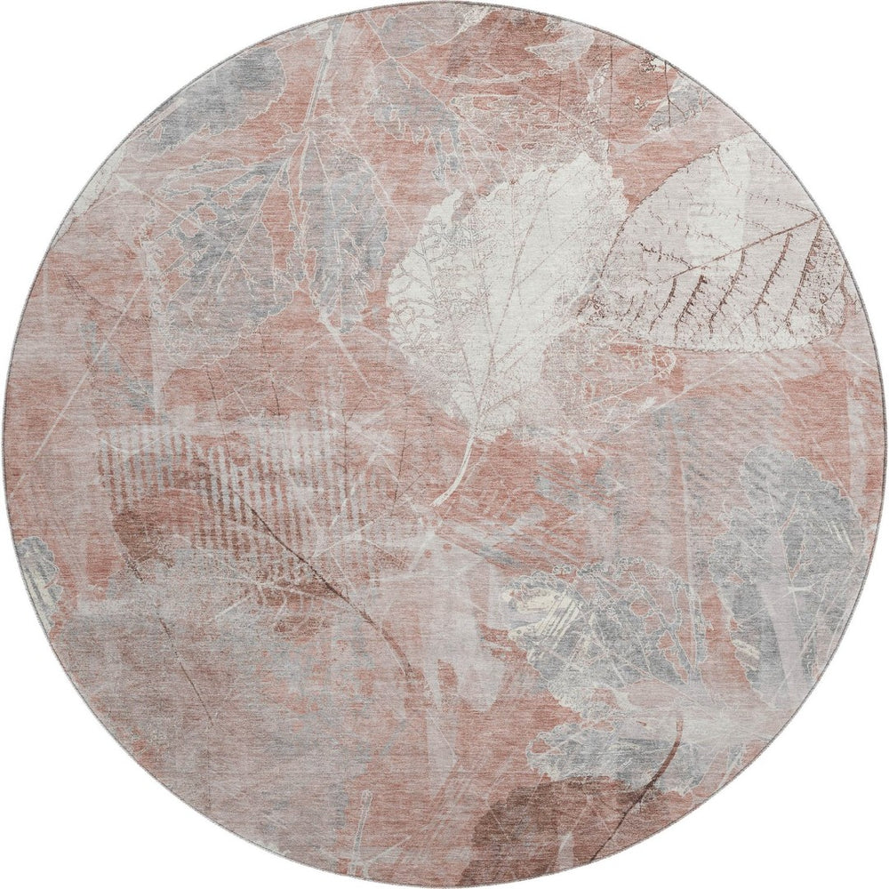 HomeRoots 8' Washable Round Rug in Salmon & Ivory Floral Design - UV Protected, Durable & Soft for Any Space! 705746