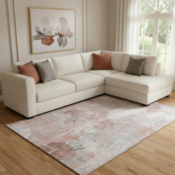 HomeRoots 8' X 10' Salmon and Ivory Floral Area Rug - Washable, UV-Protected, Durable for High-Traffic Spaces 705747