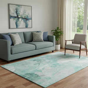 HomeRoots 5' X 8' Teal and Ivory Floral Area Rug – Washable, UV-Protected, Stain-Resistant for Everyday Use 705751