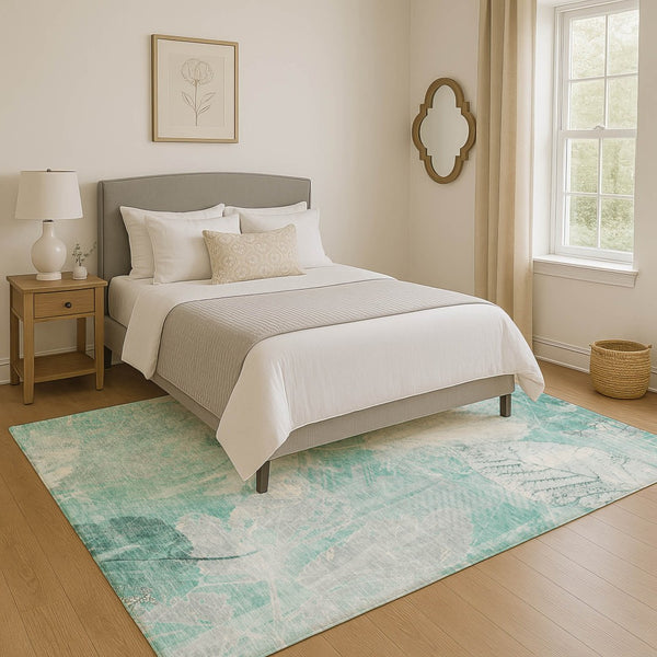 HomeRoots 5' X 8' Teal and Ivory Floral Area Rug – Washable, UV-Protected, Stain-Resistant for Everyday Use 705751