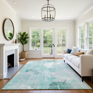 HomeRoots 5' X 8' Teal and Ivory Floral Area Rug – Washable, UV-Protected, Stain-Resistant for Everyday Use 705751