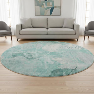 HomeRoots 8' Teal and Ivory Floral Round Washable Rug with UV Protection - Durable, Stylish & Easy-Care Design 705752
