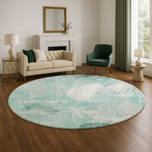 HomeRoots 8' Teal and Ivory Floral Round Washable Rug with UV Protection - Durable, Stylish & Easy-Care Design 705752