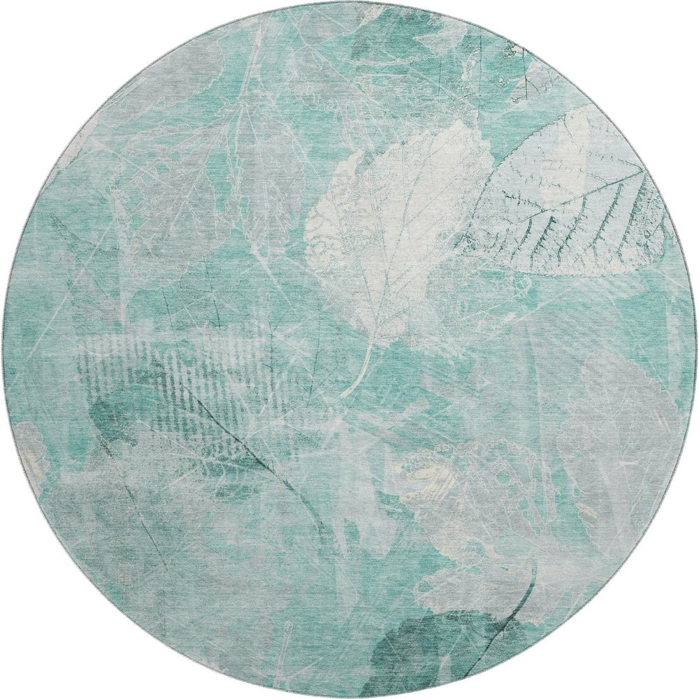 HomeRoots 8' Teal and Ivory Floral Round Washable Rug with UV Protection - Durable, Stylish & Easy-Care Design 705752