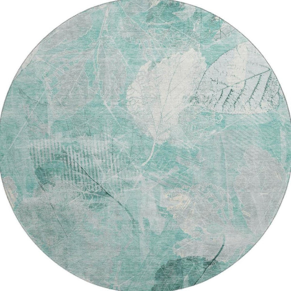 HomeRoots 8' Teal and Ivory Floral Round Washable Rug with UV Protection - Durable, Stylish & Easy-Care Design 705752