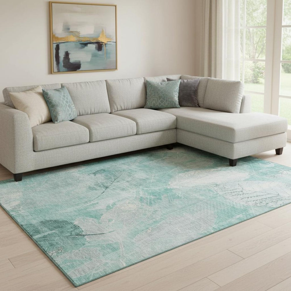 HomeRoots 8' X 10' Teal and Ivory Floral Area Rug - Durable, Washable, UV-Proof Design for Homes with Kids & Pets 705753