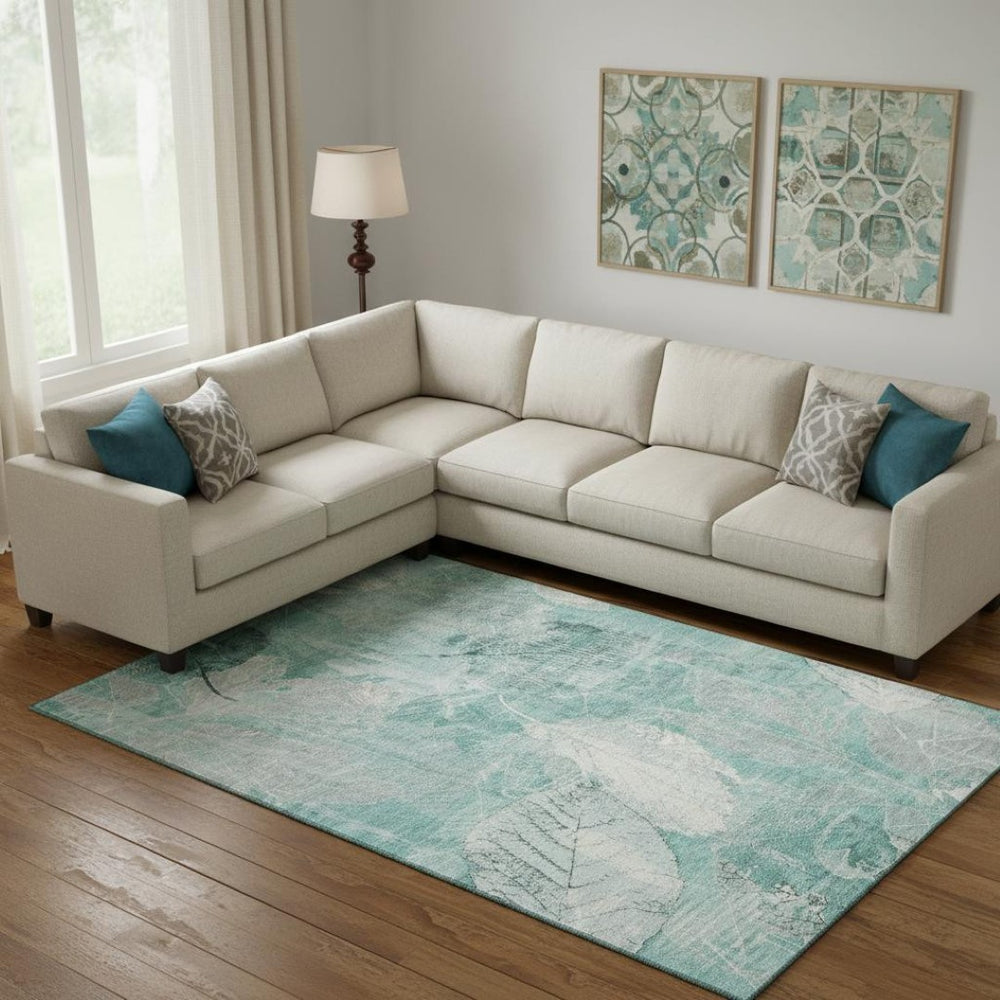 HomeRoots 9' X 12' Elegant Teal and Ivory Floral Washable Area Rug - Stain Resistant, UV Protected, Durable Design 705754