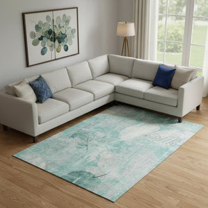 HomeRoots 10' X 14' Teal & Ivory Floral Washable Area Rug – Durable, UV-Protected, Perfect for Homes with Pets! 705755