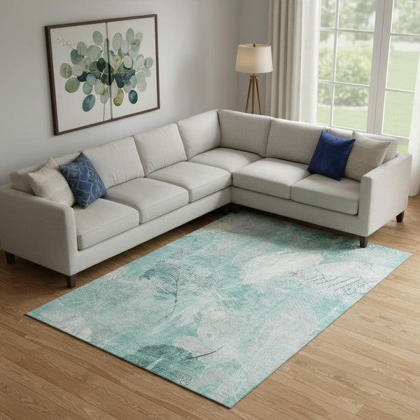HomeRoots 10' X 14' Teal & Ivory Floral Washable Area Rug – Durable, UV-Protected, Perfect for Homes with Pets! 705755