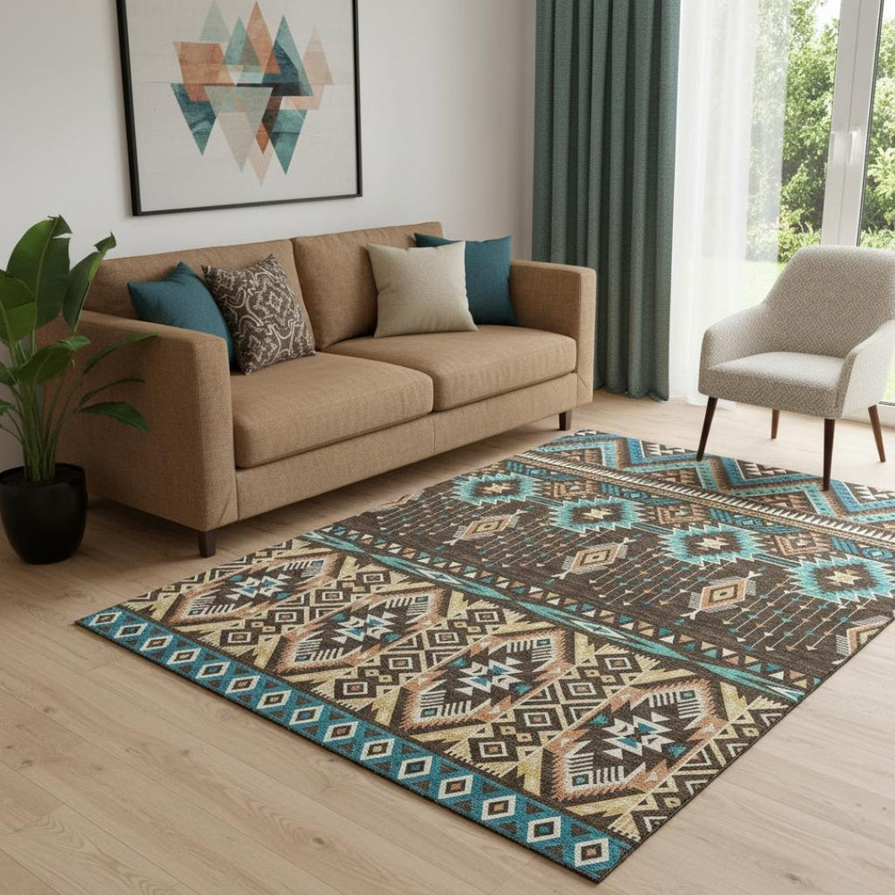 HomeRoots 5' X 8' Tribal Washable Area Rug - Brown & Teal, UV Protected, Non-Slip, Stylish & Durable Design 705757