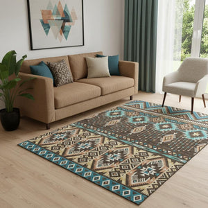 HomeRoots 5' X 8' Tribal Washable Area Rug - Brown & Teal, UV Protected, Non-Slip, Stylish & Durable Design 705757