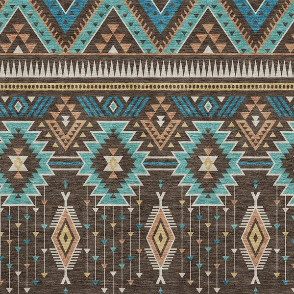 HomeRoots 5' X 8' Tribal Washable Area Rug - Brown & Teal, UV Protected, Non-Slip, Stylish & Durable Design 705757