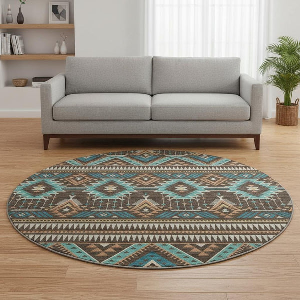 HomeRoots 8' Brown and Teal Tribal Washable Round Rug – Stylish, Durable, UV-Protected for Indoor & Outdoor Use 705758