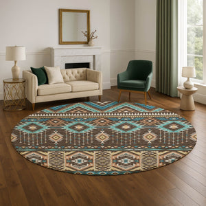 HomeRoots 8' Brown and Teal Tribal Washable Round Rug – Stylish, Durable, UV-Protected for Indoor & Outdoor Use 705758