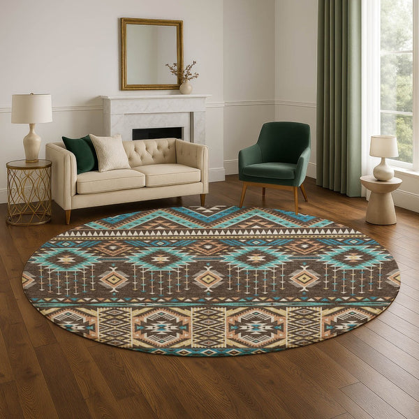 HomeRoots 8' Brown and Teal Tribal Washable Round Rug – Stylish, Durable, UV-Protected for Indoor & Outdoor Use 705758