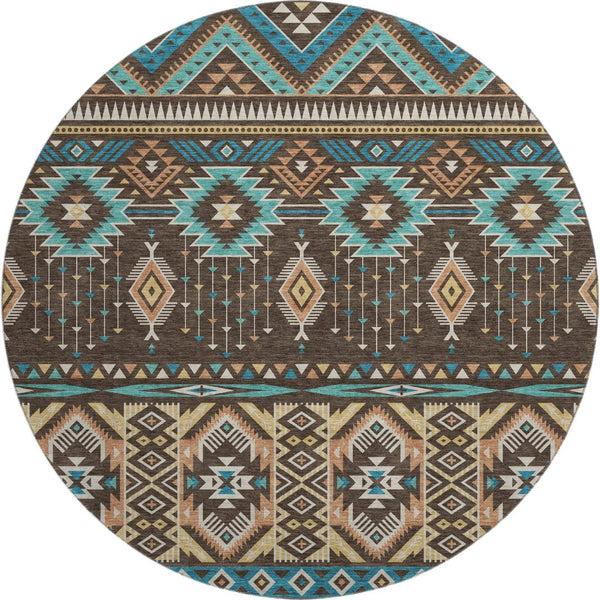HomeRoots 8' Brown and Teal Tribal Washable Round Rug – Stylish, Durable, UV-Protected for Indoor & Outdoor Use 705758