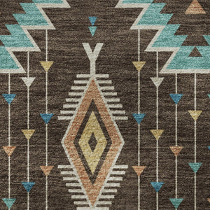 HomeRoots 8' Brown and Teal Tribal Washable Round Rug – Stylish, Durable, UV-Protected for Indoor & Outdoor Use 705758