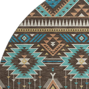 HomeRoots 8' Brown and Teal Tribal Washable Round Rug – Stylish, Durable, UV-Protected for Indoor & Outdoor Use 705758