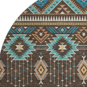 HomeRoots 8' Brown and Teal Tribal Washable Round Rug – Stylish, Durable, UV-Protected for Indoor & Outdoor Use 705758