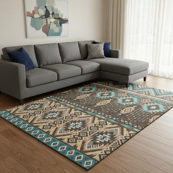 HomeRoots 8' X 10' Brown and Teal Tribal Area Rug – Durable, Washable, UV-Protected for High-Traffic Spaces 705759