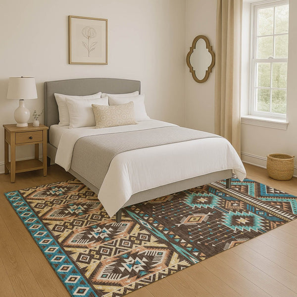 HomeRoots 8' X 10' Brown and Teal Tribal Area Rug – Durable, Washable, UV-Protected for High-Traffic Spaces 705759