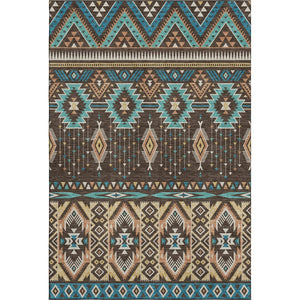 HomeRoots 8' X 10' Brown and Teal Tribal Area Rug – Durable, Washable, UV-Protected for High-Traffic Spaces 705759
