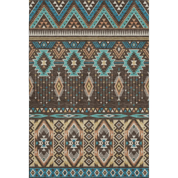 HomeRoots 8' X 10' Brown and Teal Tribal Area Rug – Durable, Washable, UV-Protected for High-Traffic Spaces 705759