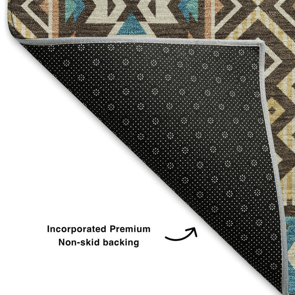 HomeRoots 8' X 10' Brown and Teal Tribal Area Rug – Durable, Washable, UV-Protected for High-Traffic Spaces 705759