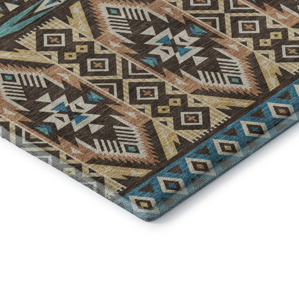 HomeRoots 8' X 10' Brown and Teal Tribal Area Rug – Durable, Washable, UV-Protected for High-Traffic Spaces 705759