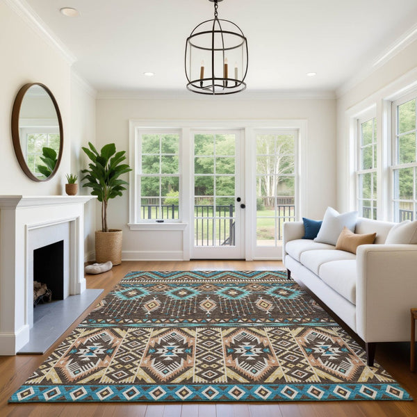 HomeRoots 8' X 10' Brown and Teal Tribal Area Rug – Durable, Washable, UV-Protected for High-Traffic Spaces 705759